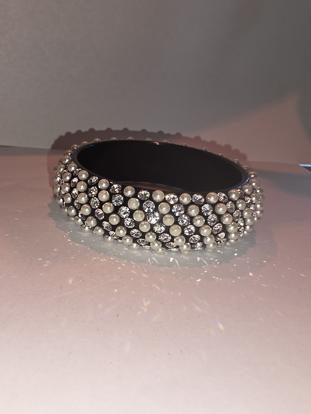 Pearl & Crystal Embellished Black Bangle Bracelet